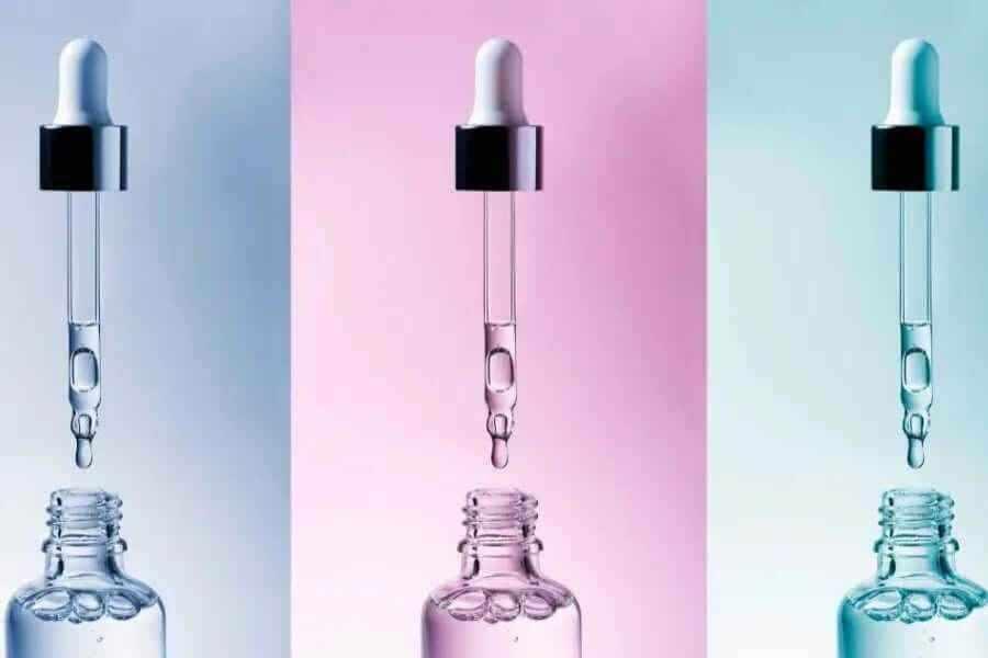 Three dropper bottles showcasing medical grade face serums your guide with colored backgrounds