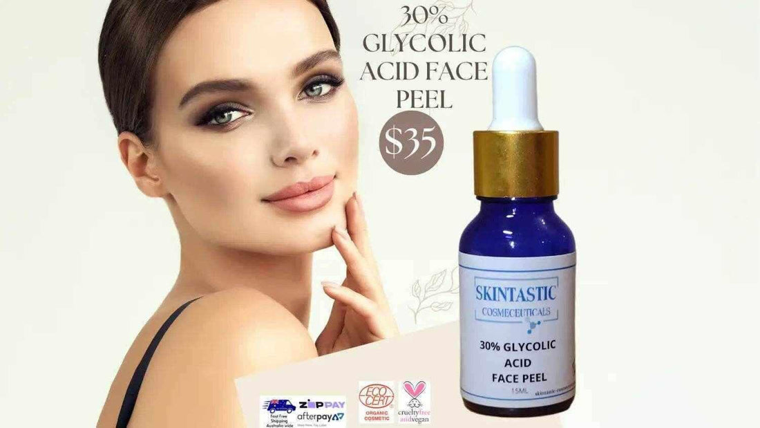 30% Glycolic Acid Face Peel benefits displayed with a model showcasing clear skin