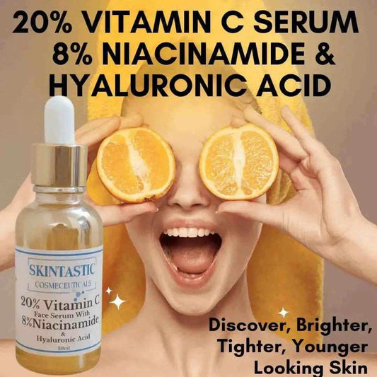 Skintastic Vitamin C Serum benefits showcased with citrus fruits and bright skin, emphasizing anti-aging effects