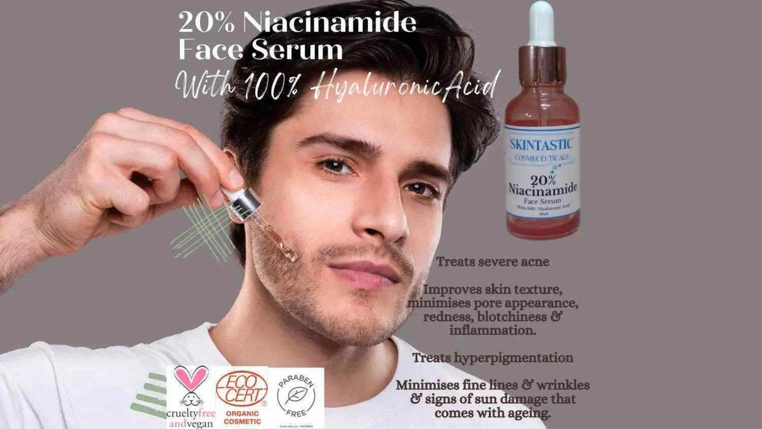 Skintastic's 20% Niacinamide Serum with Hyaluronic Acid for reducing wrinkles and improving skin texture