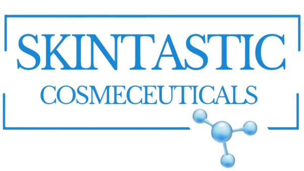 Skintastic Cosmeceuticals logo featuring blue text and a molecular design element