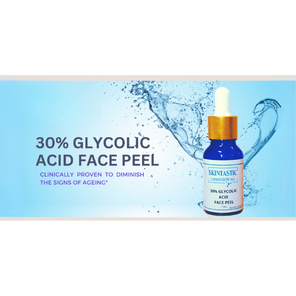 30% Glycolic acid face peel in a blue glass dropper bottle, promoting skin rejuvenation and anti-aging.