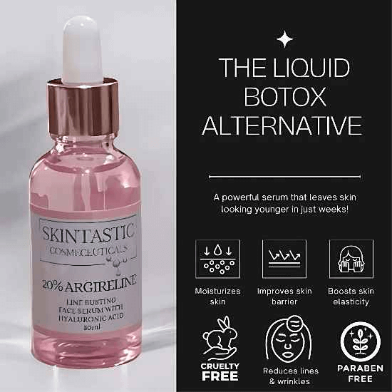 Pink Dropper Label showing 20% Argireline and Hyaluronic Acid  Skintastic Cosmeceuticals Australia Molecule Logo