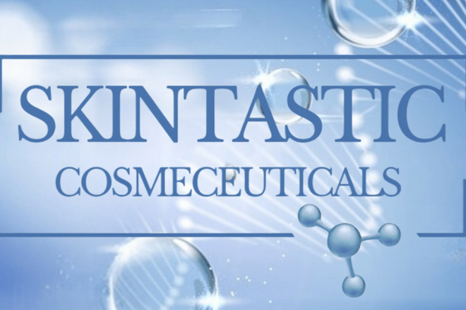 Advertisement for Skintastic Cosmeceuticals with molecular structures on a blue background