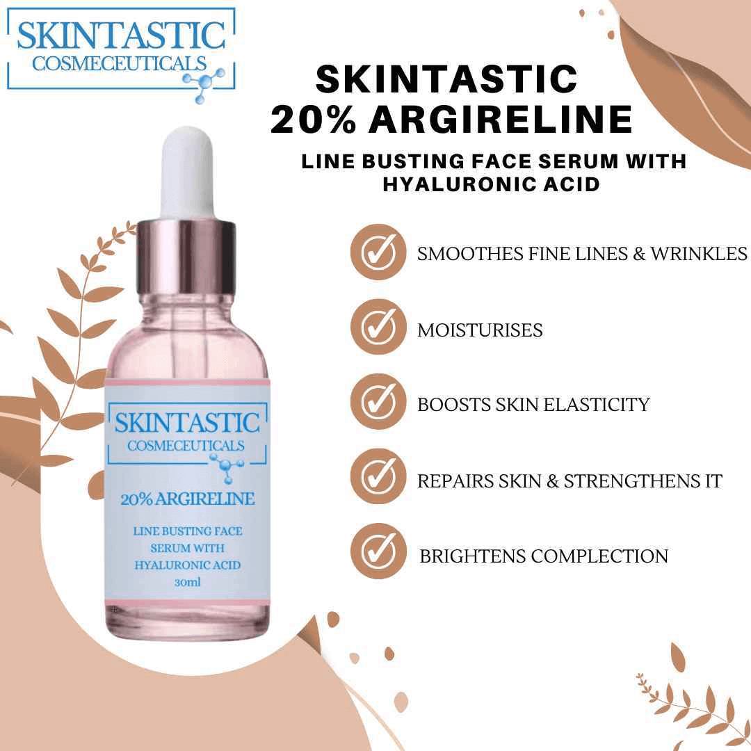 Skintastic Cosmeceuticals Argireline Line Busting Face Serum with Hyaluronic Acid anti wrinkle serum bottle and benefits