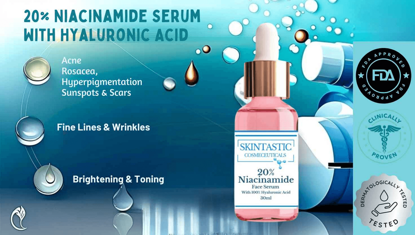Skintastic Cosmeceuticals 20% Niacinamide Face Serum with Hyaluronic Acid for brightening and toning.