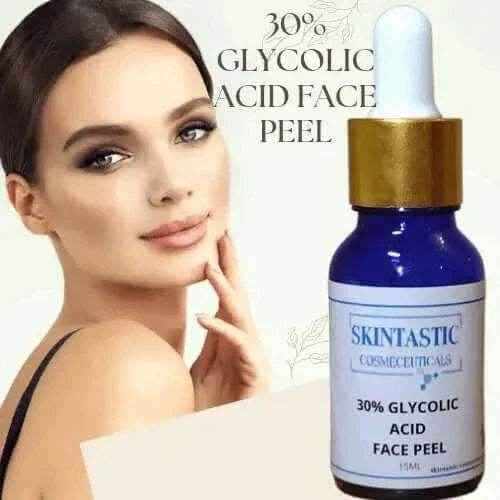 Skintastic Cosmeceuticals 30% Glycolic Acid Peel for wrinkles in a blue bottle with dropper, promoting youthful skin