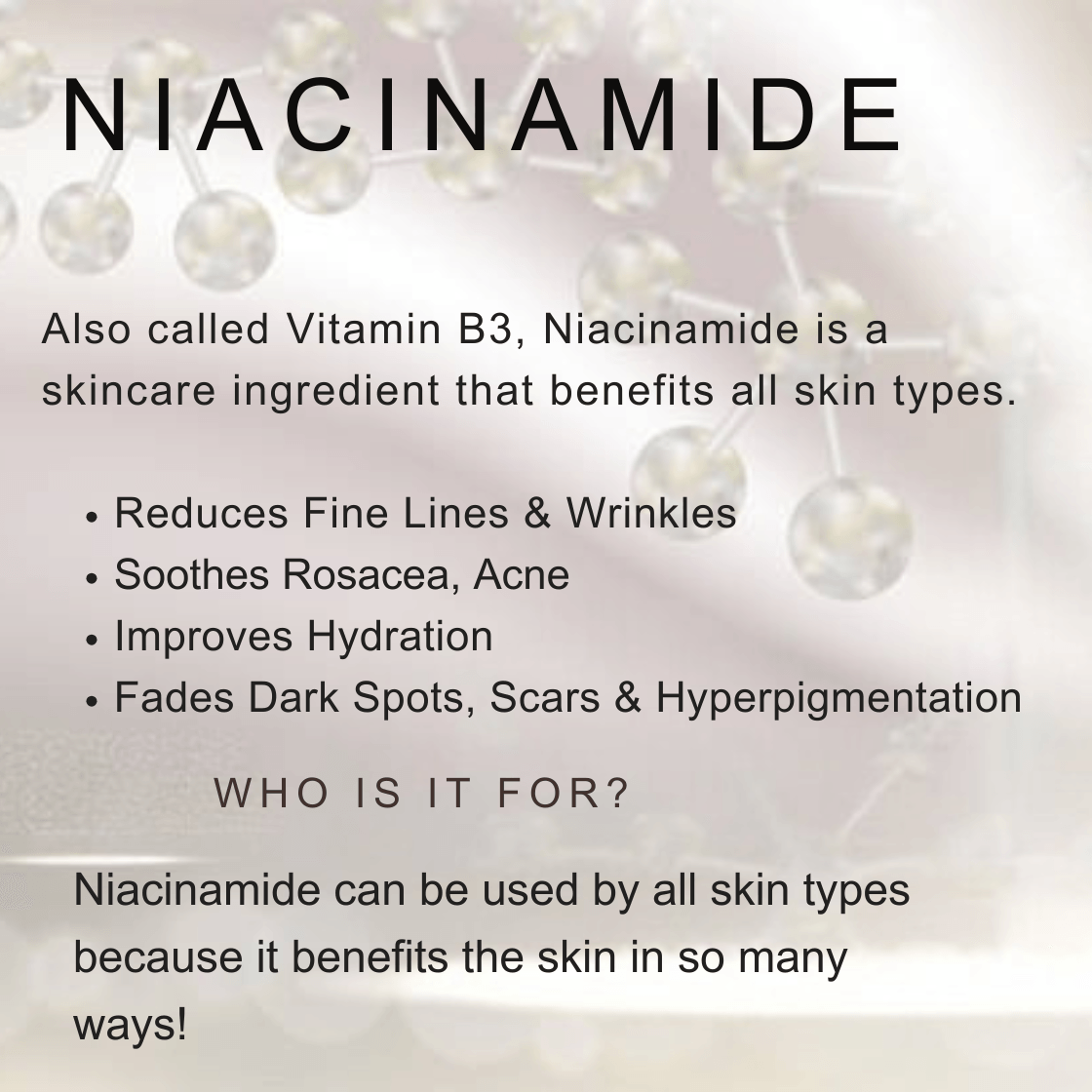 Niacinamide face serum benefits reducing fine lines, soothing acne, improving hydration, and fading dark spots