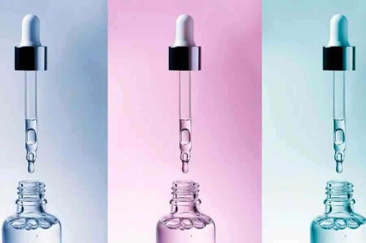 Three dropper bottles showcasing medical grade face serums your guide with colored backgrounds