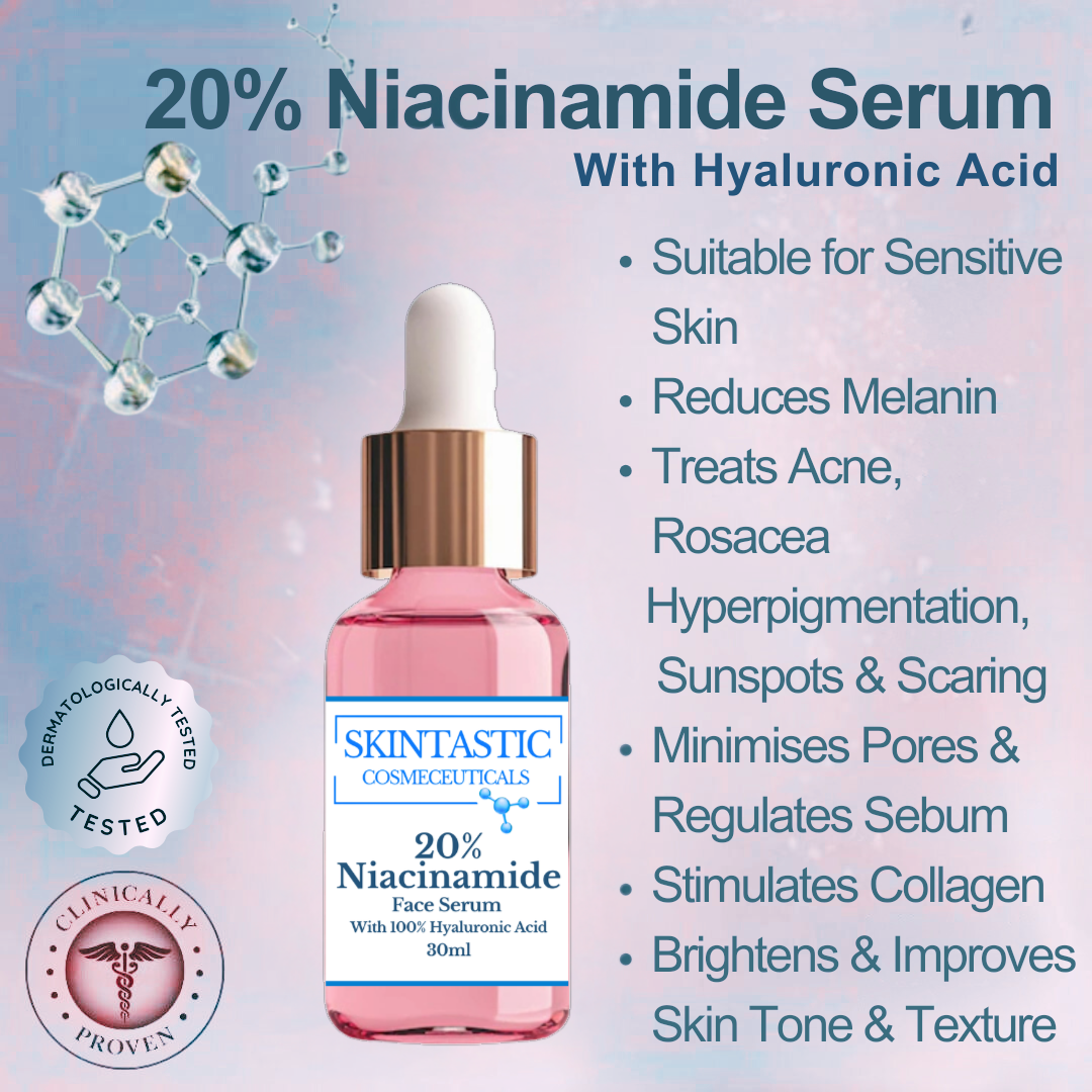 20% Niacinamide Serum with Hyaluronic Acid for acne treatment, dark spots, and skin brightening