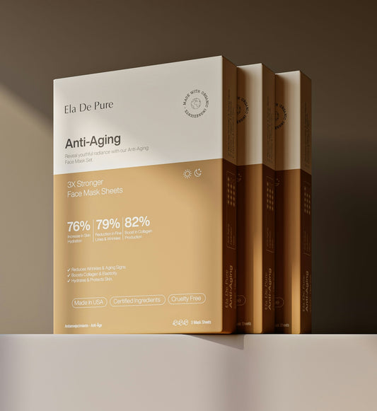 Anti-aging face mask sheets in boxes.