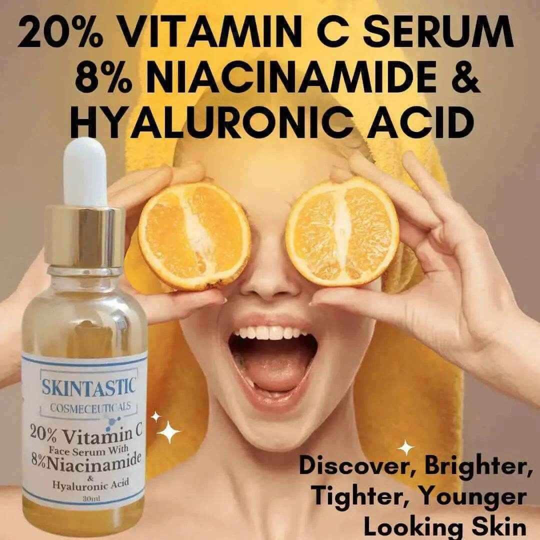 Skintastic Vitamin C Serum benefits showcased with citrus fruits and bright skin, emphasizing anti-aging effects