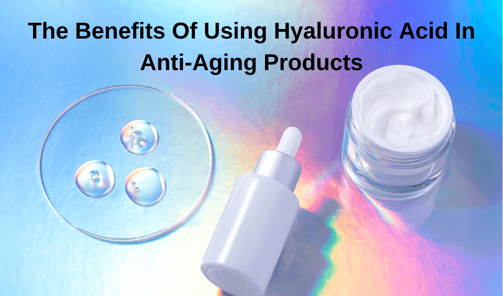Anti-aging serums with hyaluronic acid showcased with cream and serum on a colorful surface