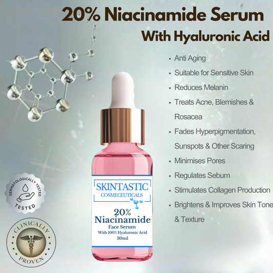 20% niacinamide Australia's best niacinamide serum pink bottle of Skintastics 20% niacinamide face serum with hyaluronic acid in front of green background listing product features