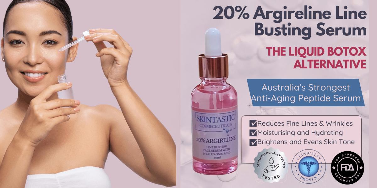Woman applying skintastic 20% Argireline Line Busting Face Serum with Hyaluronic acid 
