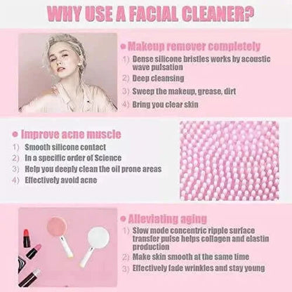 A pink  Infographic of why a person should use aFacial Cleansing Brush Compatible with Oral-B Toothbrush SKINTASTIC