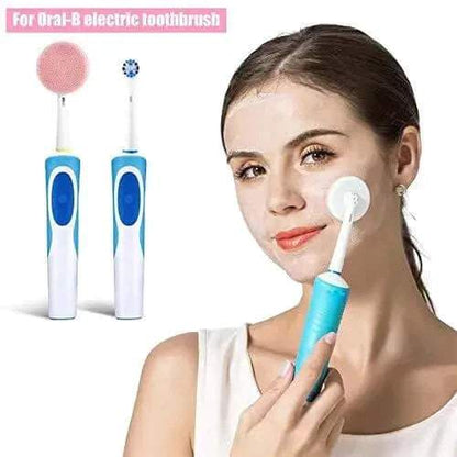 Facial Cleansing Brush Compatible with Oral-B Toothbrush SKINTASTIC female using facial cleansing brush in the backgrounf there are two images one of the facial cleansing brush attached to the Oral B toothbrush which is next to a standart Oral B toothbrush