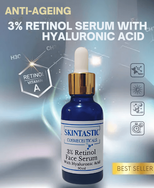 Blue dropper bottle of Skintastic Cosmeceuticals 3% Retinol Face Serum with Hyaluronic Acid $38. In front of a blue hyper-coloured background with the words anti-aging 3% retinol serum with hyaluronic acid. There is a matrix like pattern in blue and skin benefit vectors highlighting the anti-aging and restorative features of using  skintastics 3% retainol serum