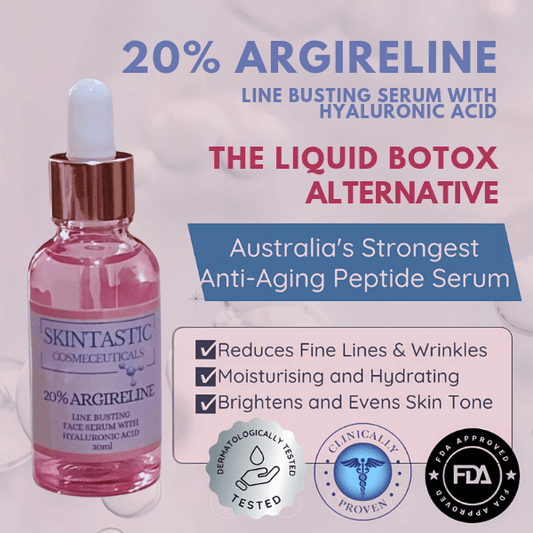 Label showing 20% Argireline and Hyaluronic Acid in Skintastic cosmeceutical formula