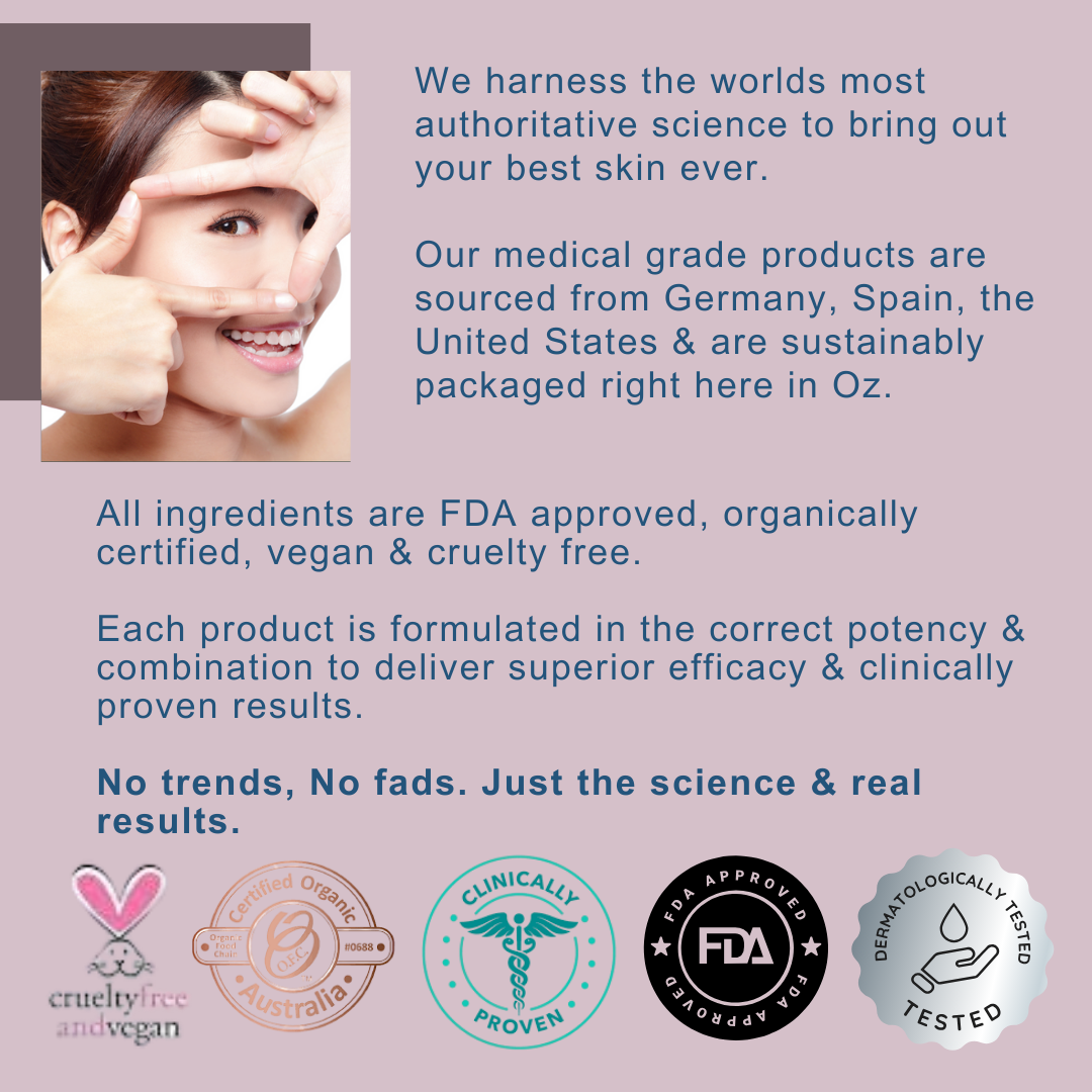 Skintastics mission image pink background woman smiling, quality assurance trust badges