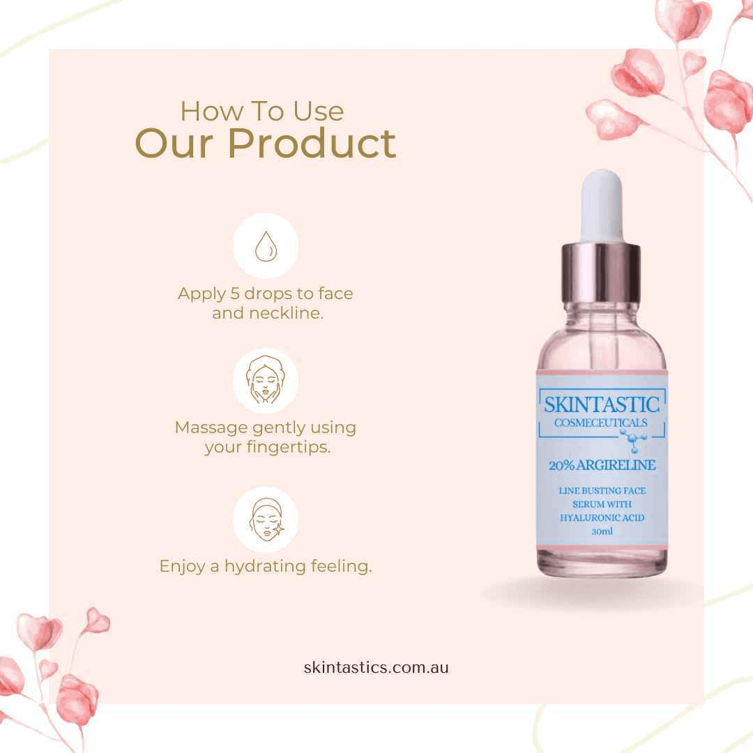 Skintastic Cosmeceuticals Argireline Line Busting Face Serum with Hyaluronic Acid anti wrinkle serum bottle with usage instructions