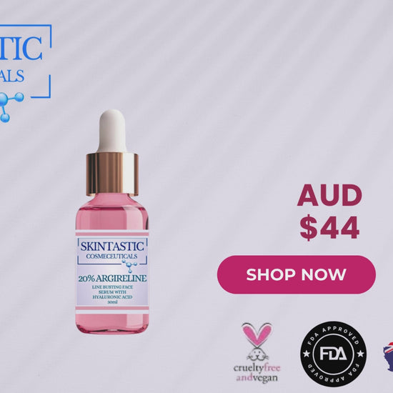 Skintastic Argireline Anti-Aging Serum with Hyaluronic Acid in pink dropper bottle. Clinically tested, cruelty-free, and made in Australia.