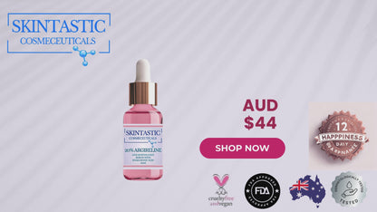 Skintastic Argireline Anti-Aging Serum with Hyaluronic Acid in pink dropper bottle. Clinically tested, cruelty-free, and made in Australia.