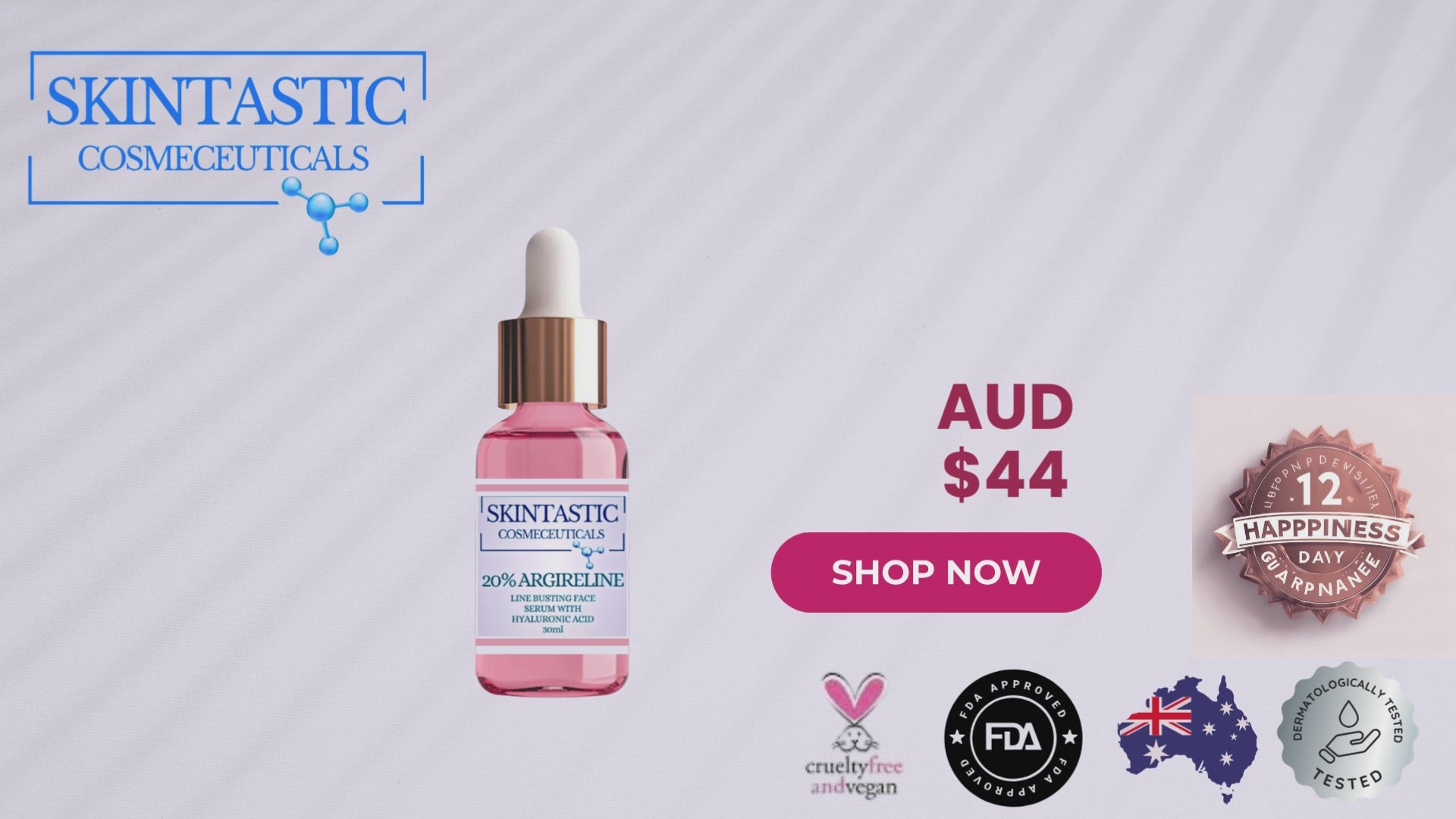 Skintastic Argireline Anti-Aging Serum with Hyaluronic Acid in pink dropper bottle. Clinically tested, cruelty-free, and made in Australia.