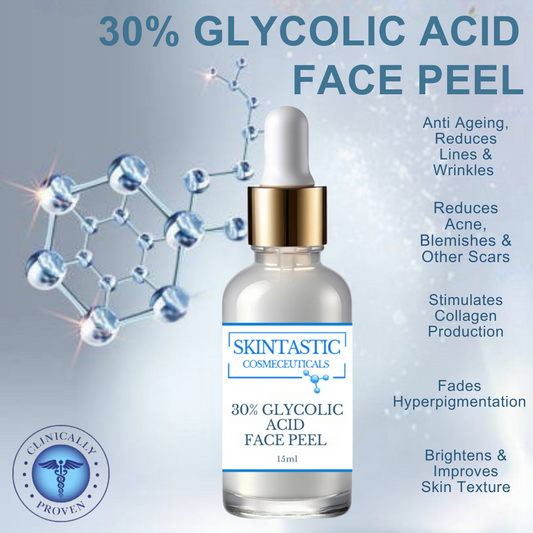 30% glycolic acid face peel bottle on blue background clinically proven