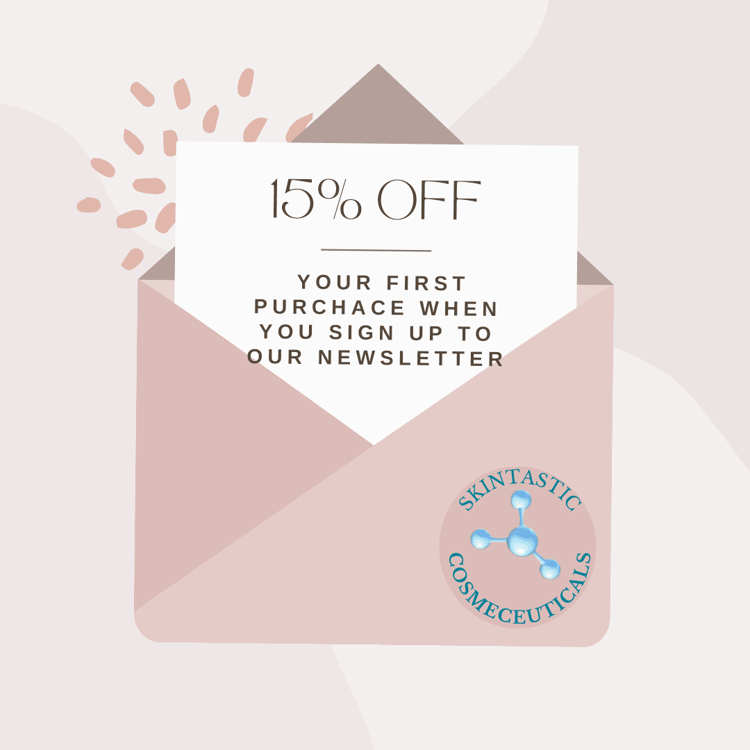 Skintastic Cosmeceuticals envelope promoting 15% off first purchase, relevant for retinol serum anti-aging Australia