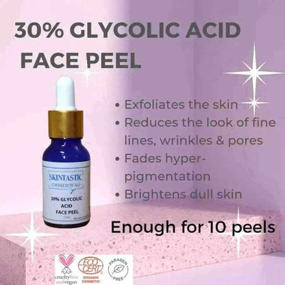 Skintastic Cosmeceuticals 30% glycolic acid face peel bottle with skincare benefits and cruelty free certification