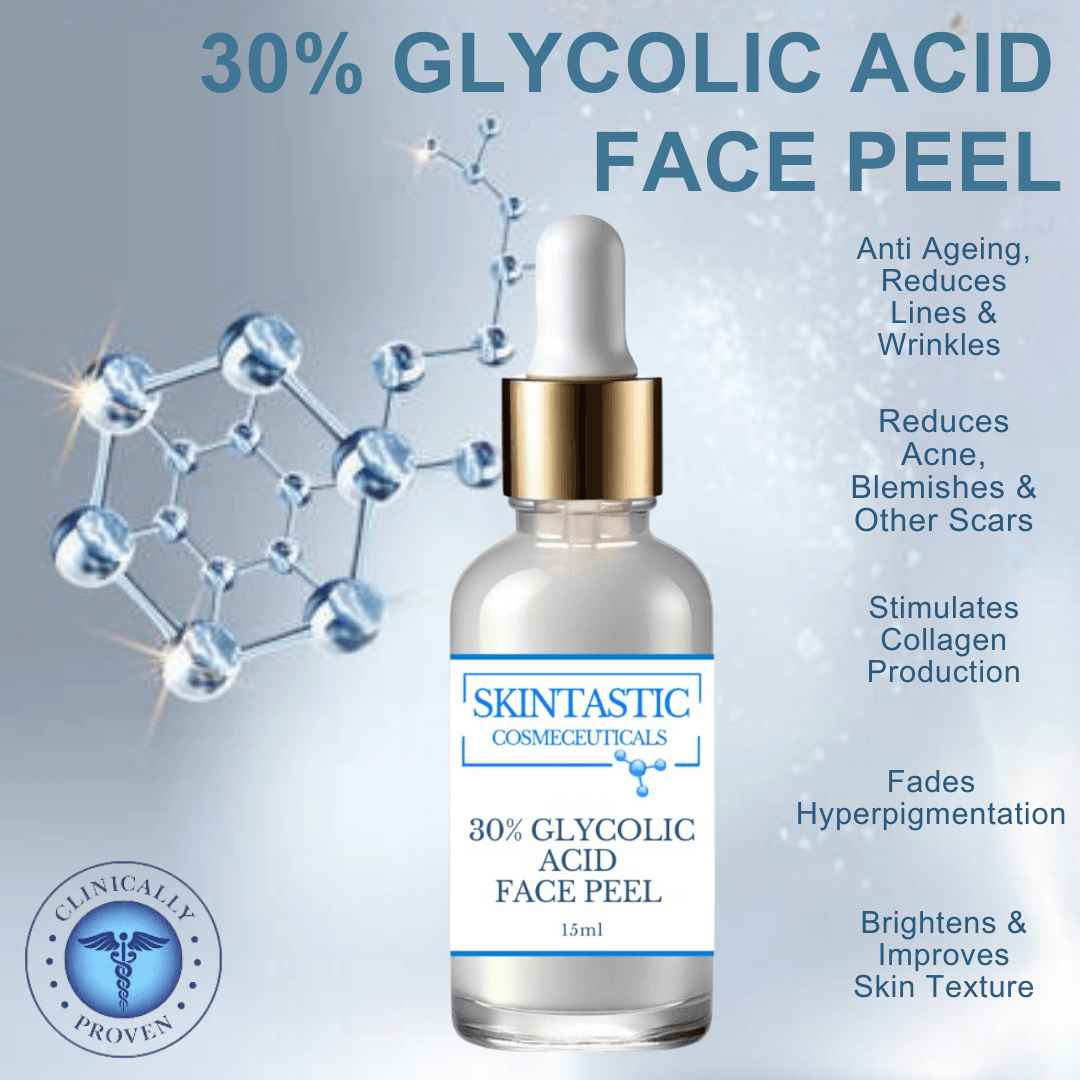 Skintastic Cosmeceuticals 30% glycolic acid face peel bottle with benefits listed on light blue background