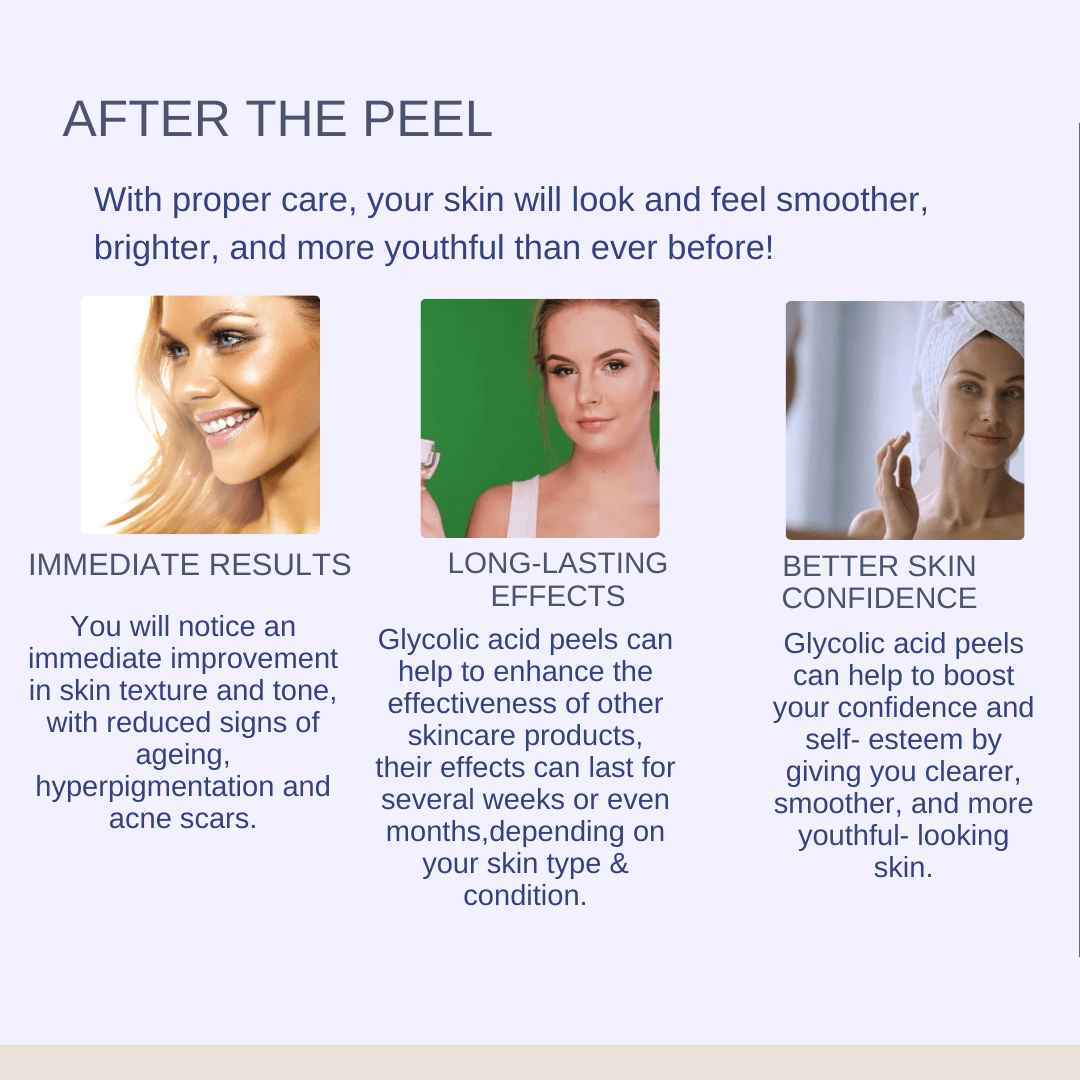 Skintastic Cosmeceuticals 30% glycolic acid face peel benefits showing immediate results, long-lasting effects, and better skin confidence