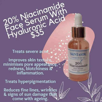 Skintastic Cosmeceuticals 20% niacinamide face serum with hyaluronic acid in a dropper bottle