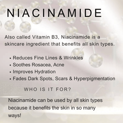 Niacinamide face serum benefits reducing fine lines, soothing acne, improving hydration, and fading dark spots