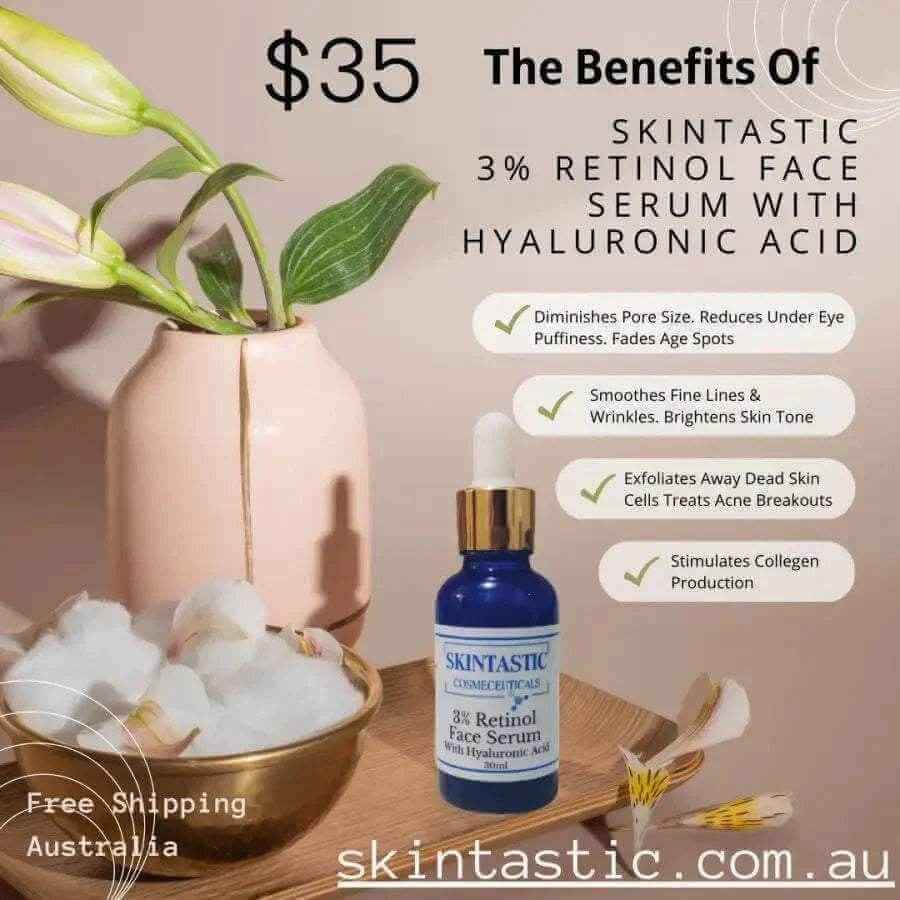 Skintastic Cosmeceuticals 3 percent retinol serum anti-aging face serum with hyaluronic acid in blue bottle