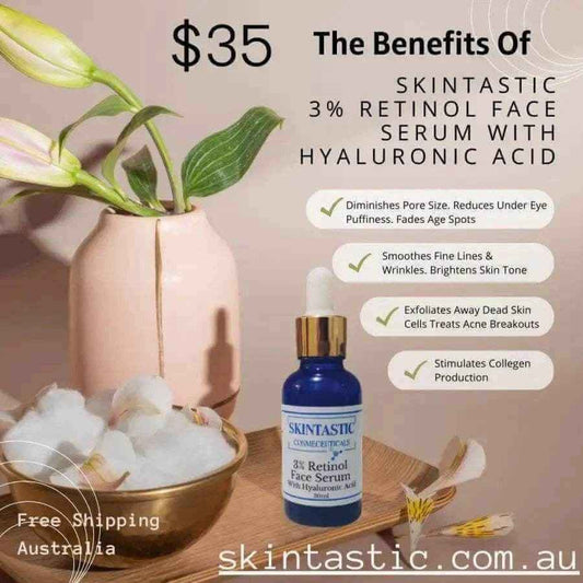 Skintastic Cosmeceuticals 3 percent retinol serum anti-aging face serum with hyaluronic acid in blue bottle