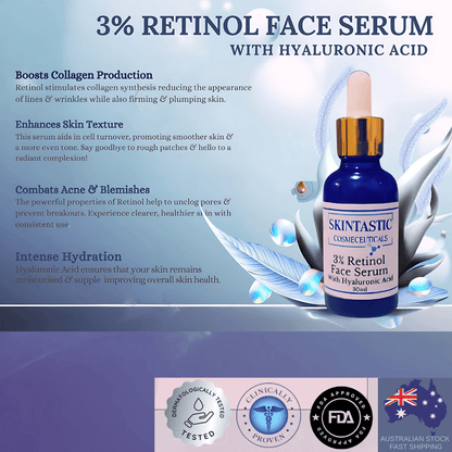 Skintastic Cosmeceuticals 3 percent retinol serum anti-aging face serum with hyaluronic acid in blue dropper bottle